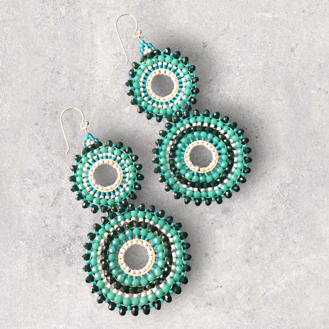 Turquoise Beaded Hoop Earrings Boho Statement Handmade Dangle Gift for Her