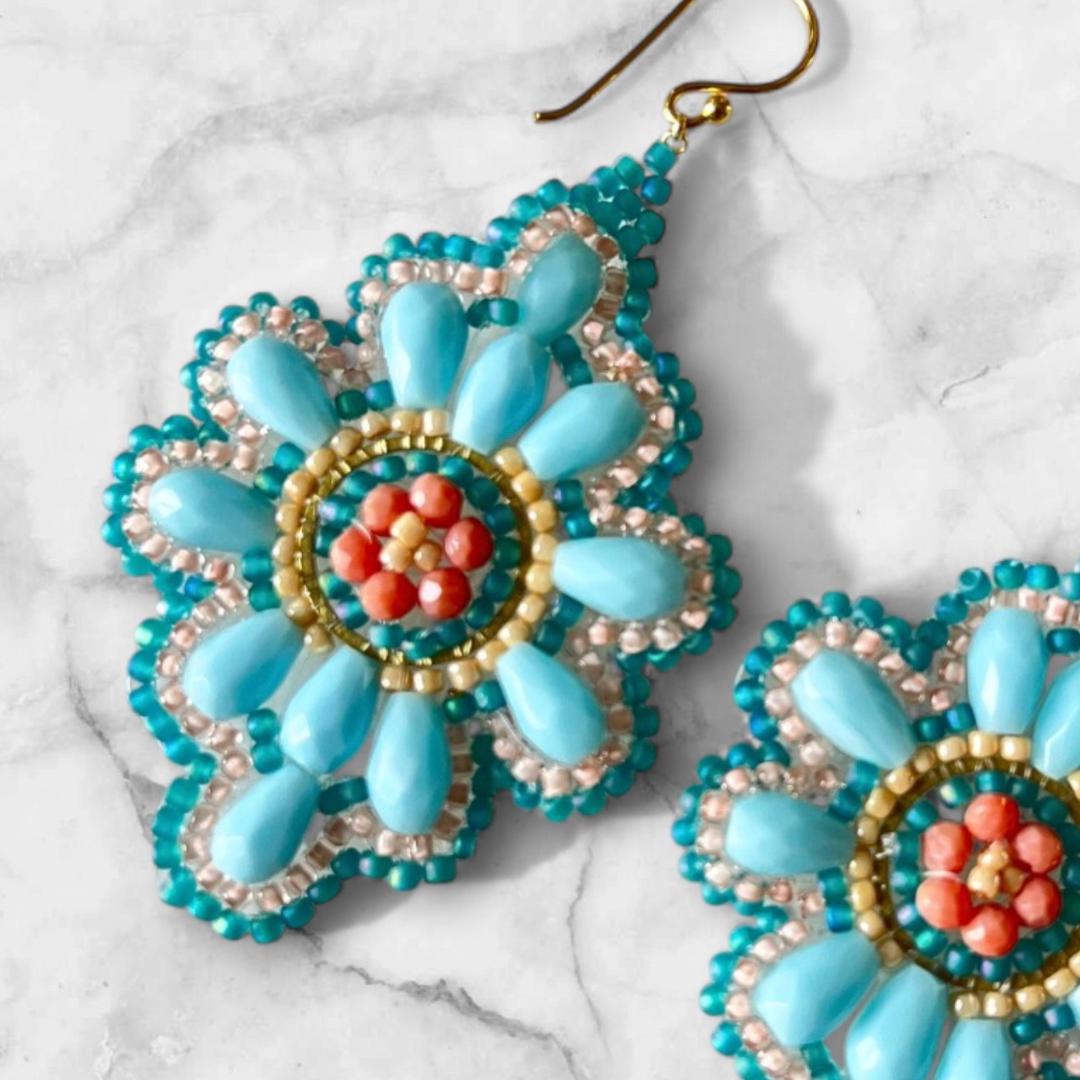 Turquoise Beaded Earrings: Handmade Floral Boho Dangles, Jewelry gifts for her