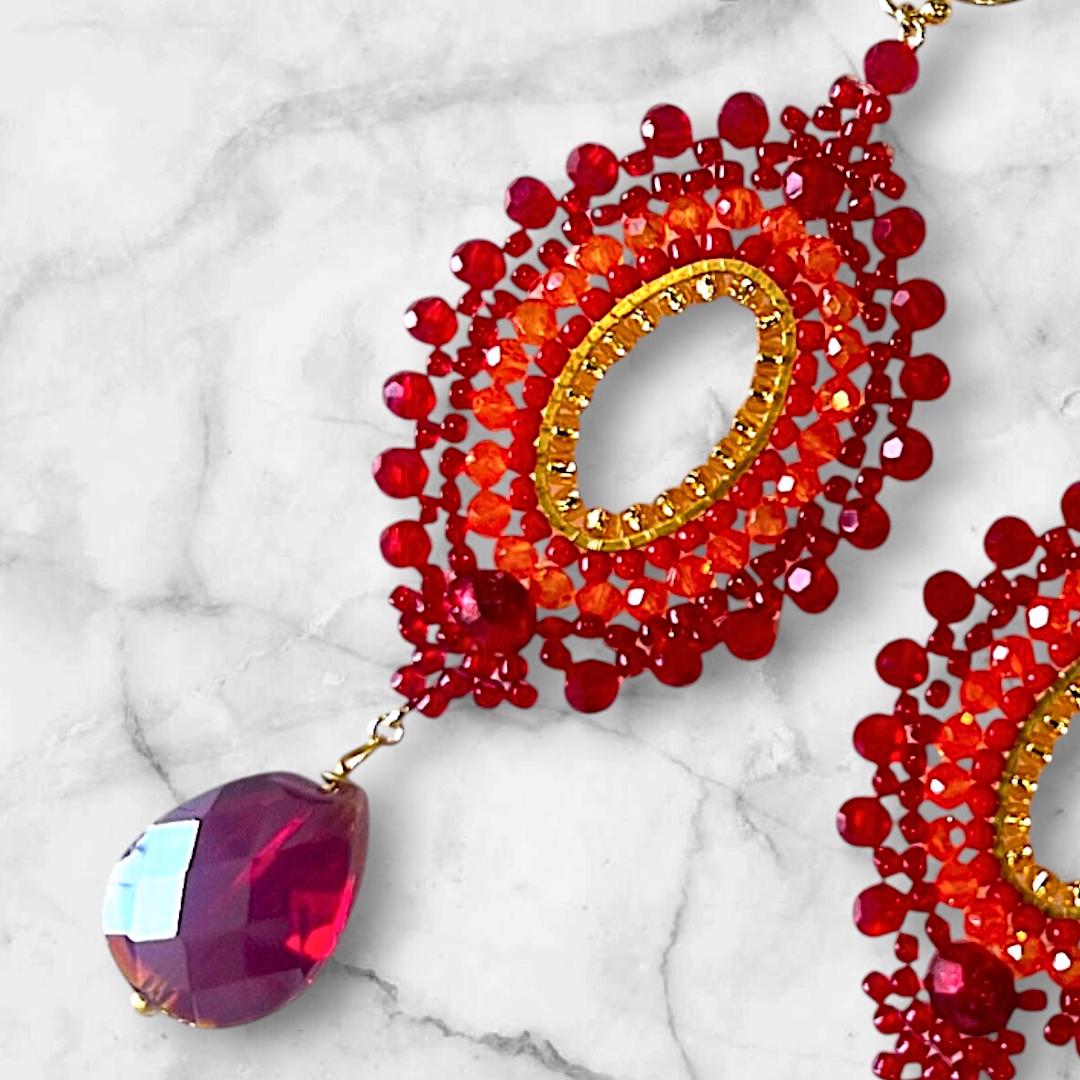 Red Statement Earrings Boho Handmade Beaded Drop Dangle Long Gift for Her