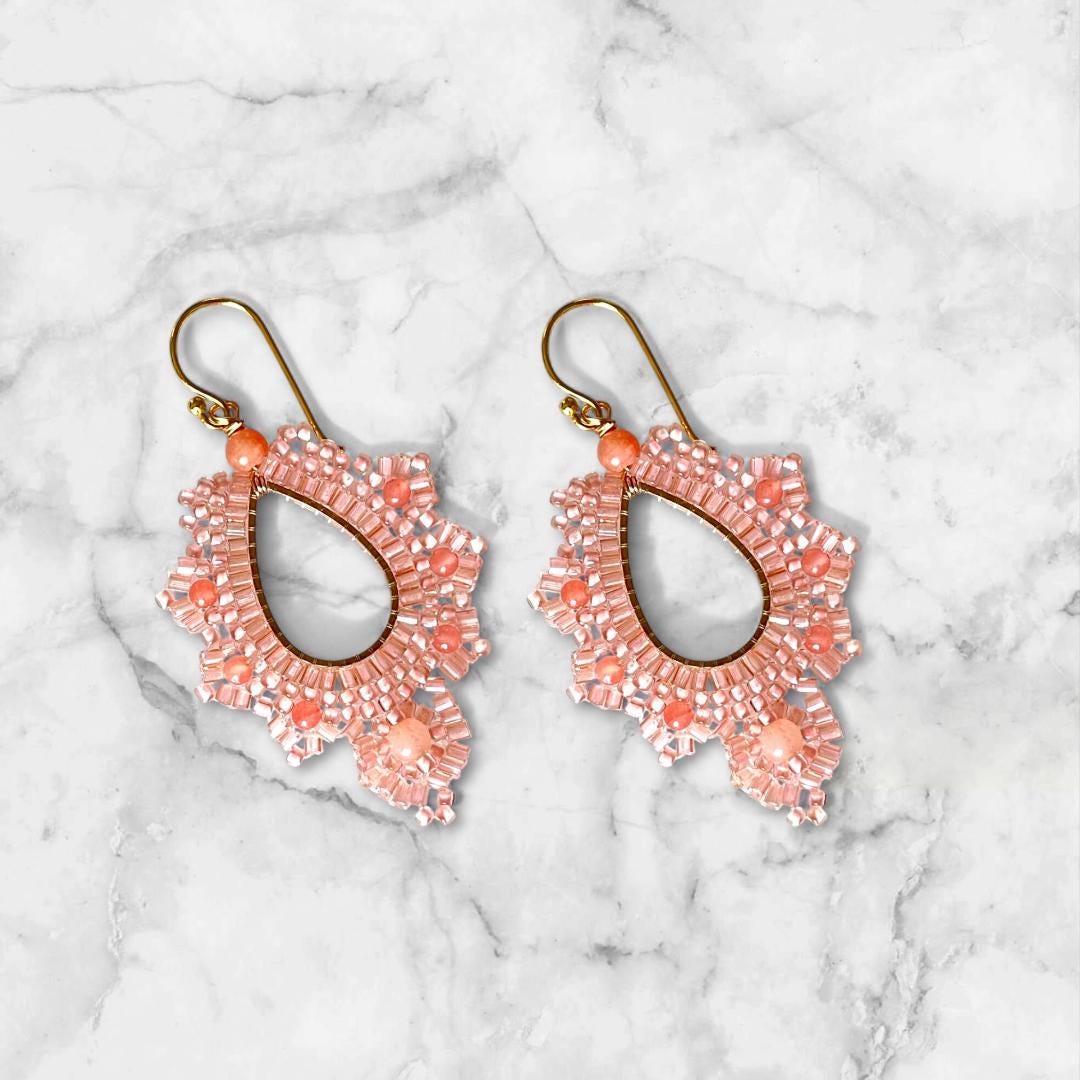 Apricot Beaded Earrings: Boho Filigree Dangles, 9K Gold Plated jewelry gifts for her