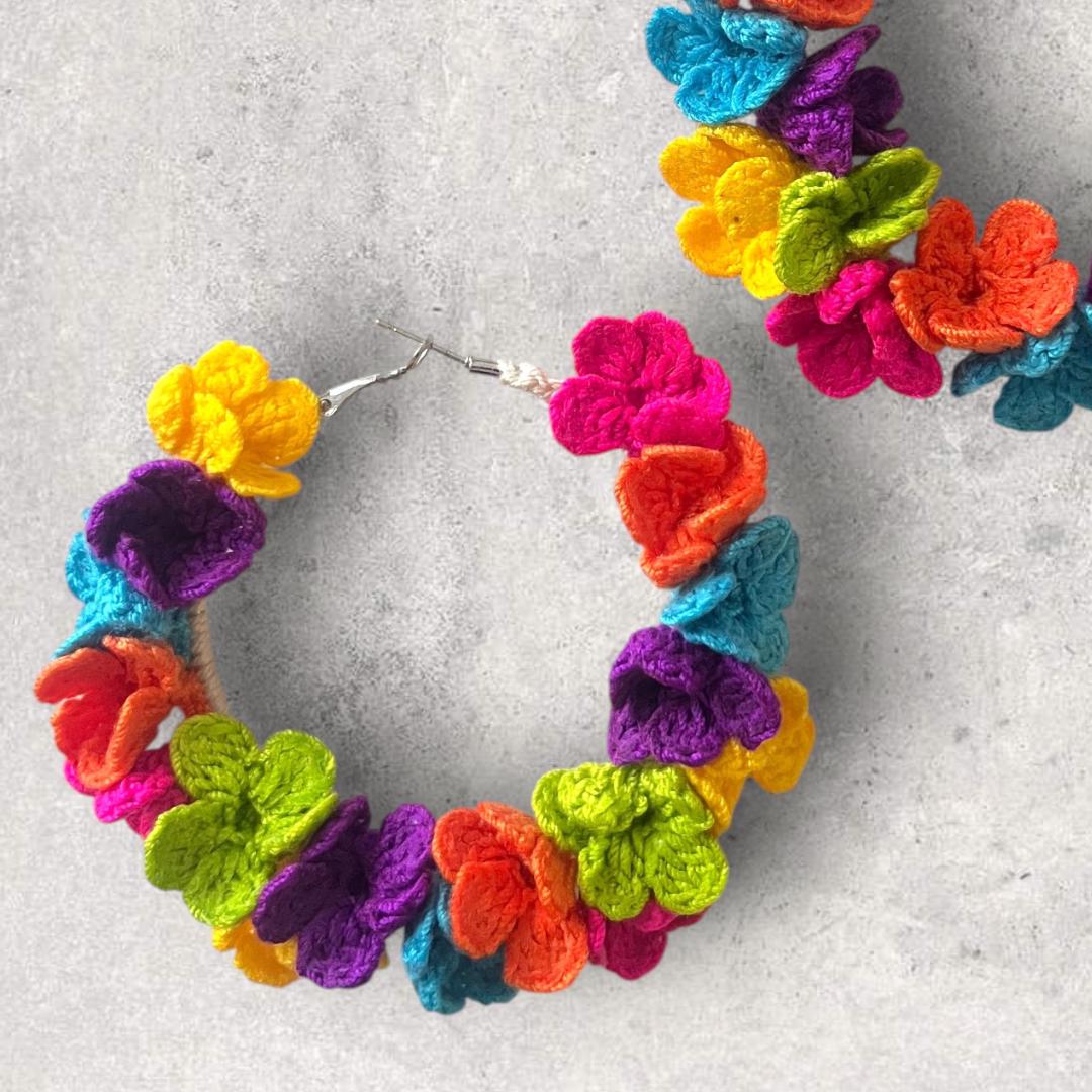 Rainbow Crochet Flower Hoop Earrings: Boho Festival Jewelry gifts for her