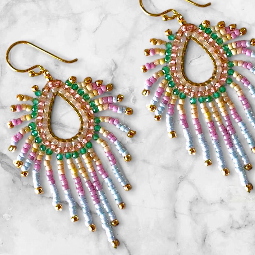 Pastel Seed Bead Fringe Earrings: Teardrop Boho Dangle Jewelry gifts for her