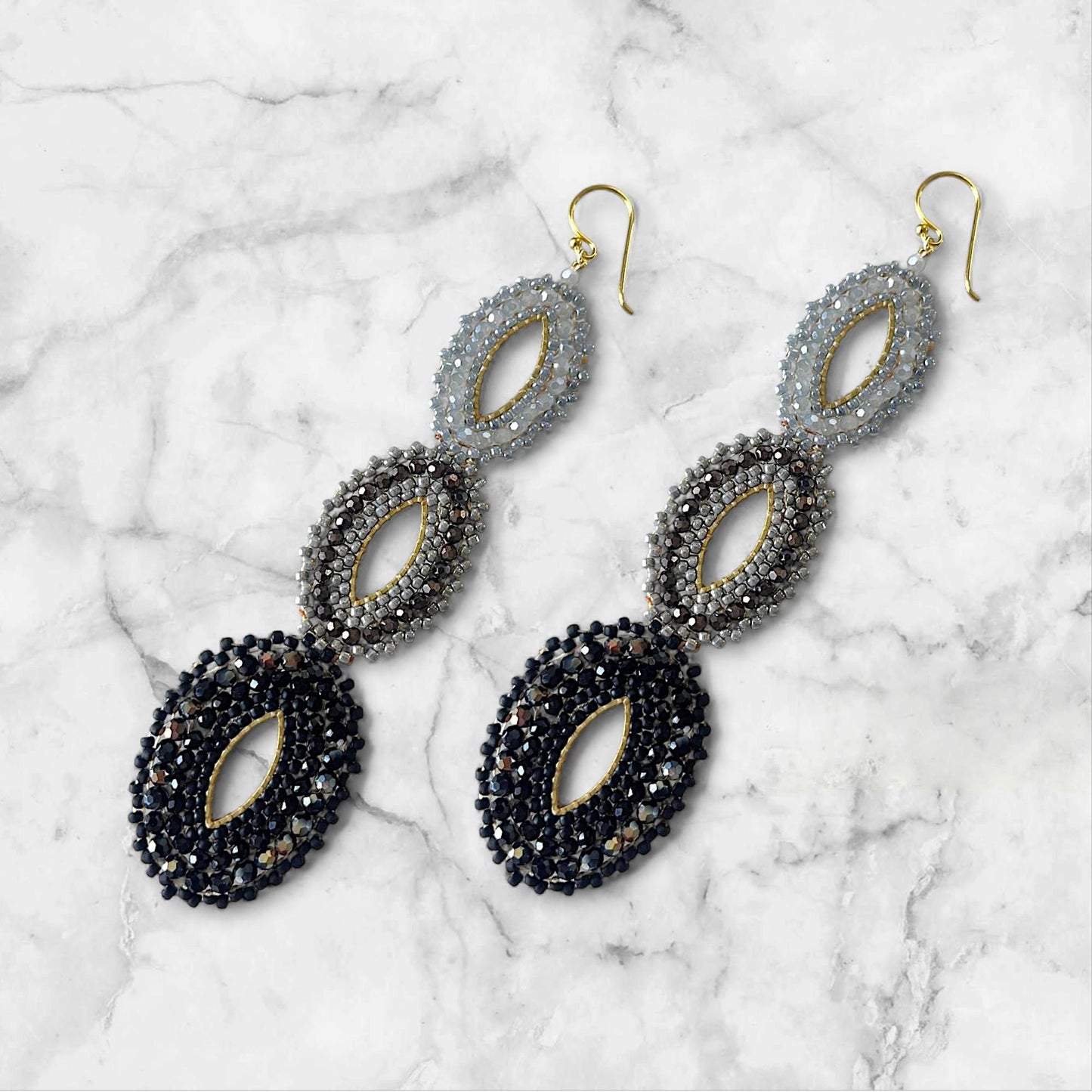 Black Silver Statement Earrings Beaded Long Dangle Evening Jewelry Gift