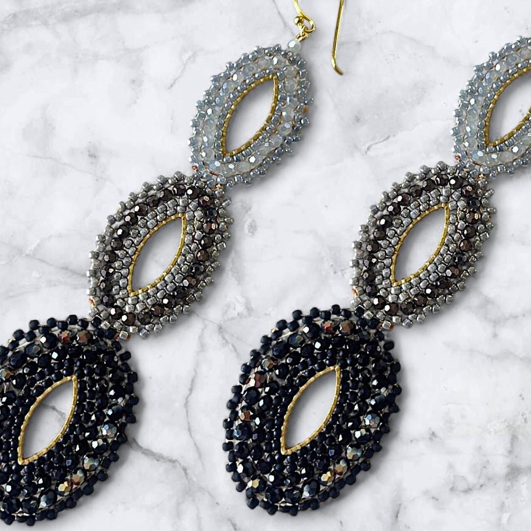 Black Silver Statement Earrings Beaded Long Dangle Evening Jewelry Gift