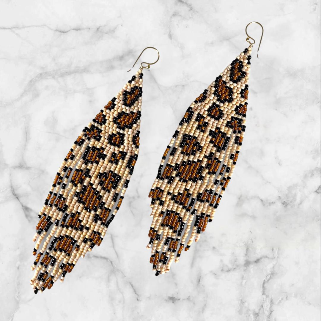 Leopard Print Seed Bead Fringe Earrings: 4-Inch Drops - handmade jewelry gifts for her