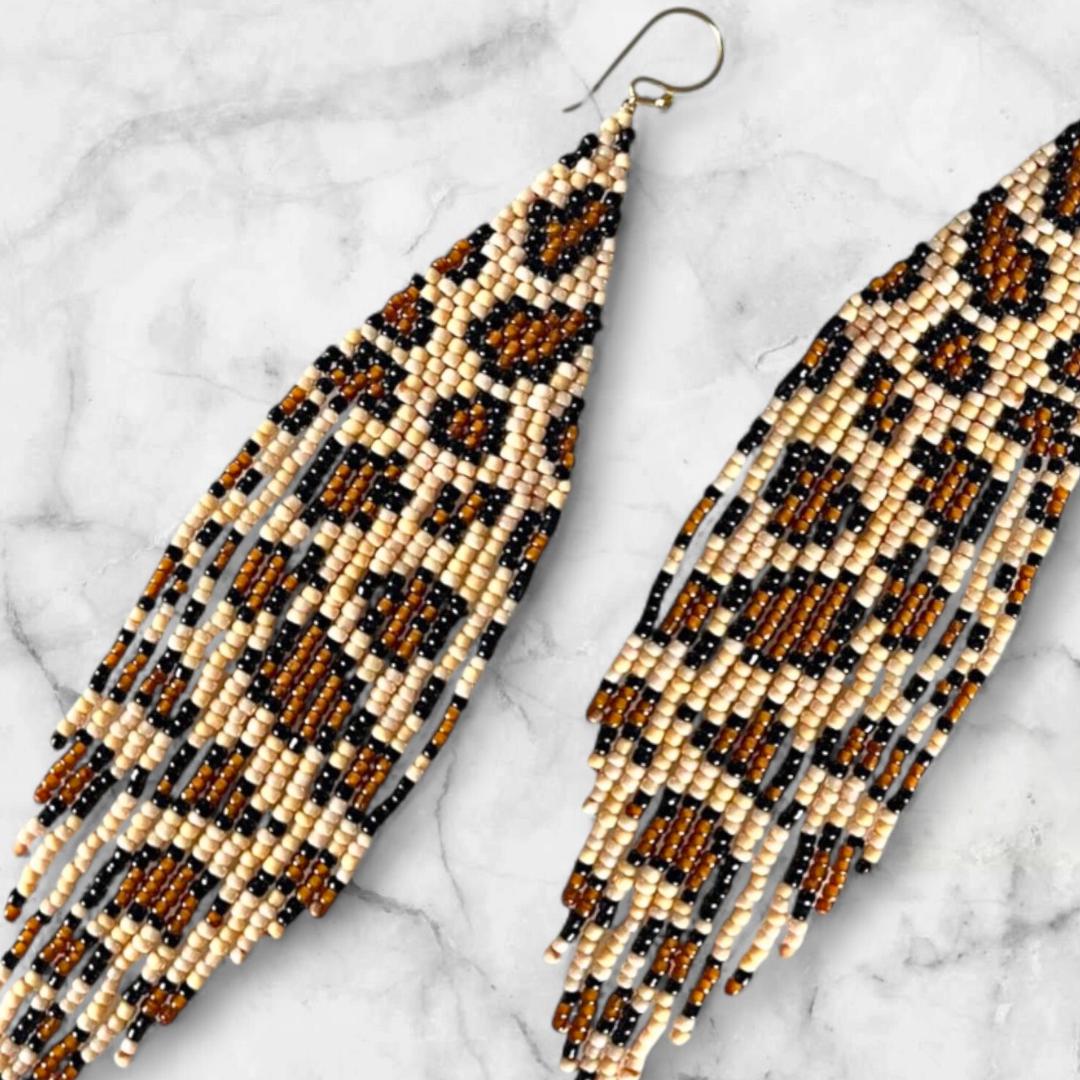 Leopard Print Seed Bead Fringe Earrings: 4-Inch Drops - handmade jewelry gifts for her