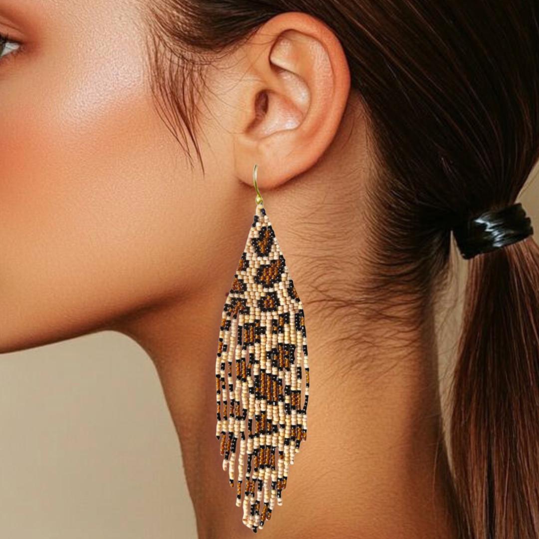 Leopard Print Seed Bead Fringe Earrings: 4-Inch Drops - handmade jewelry gifts for her