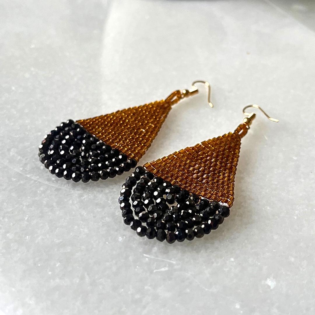 Gold & Black Seed Bead Teardrop Earrings: Handwoven Boho Dangles - Jewelry gift for her