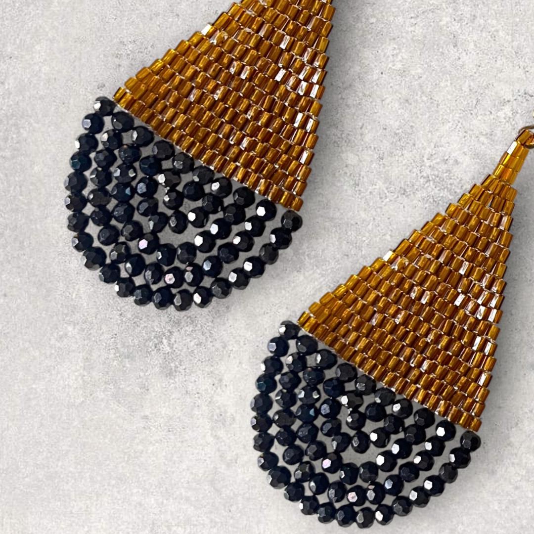 Gold & Black Seed Bead Teardrop Earrings: Handwoven Boho Dangles - Jewelry gift for her