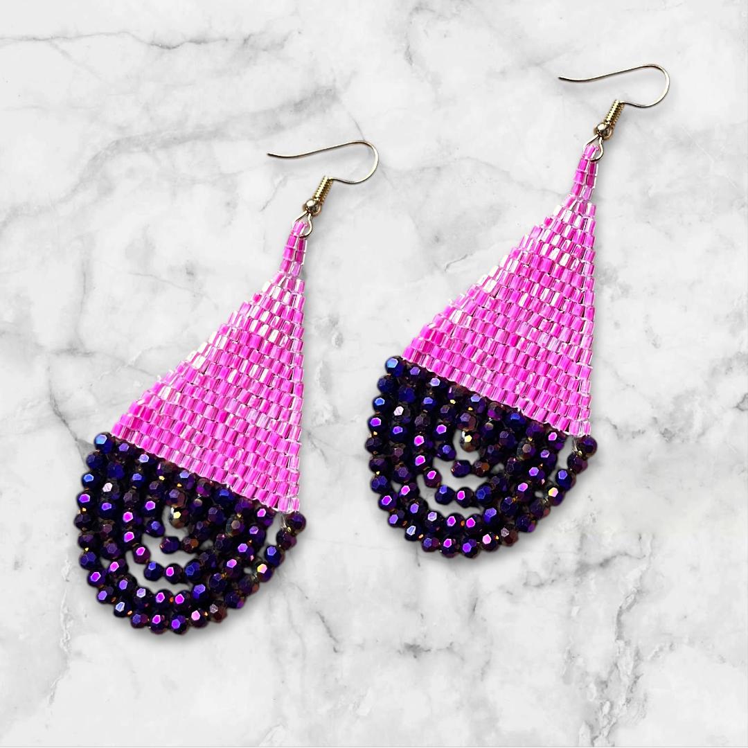 Pink & Purple Beaded Teardrop Earrings: Handwoven Peacock Shimmer Dangles - jewelry gifts