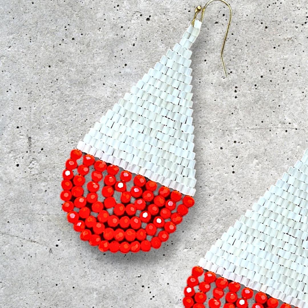 Coral & White Beaded Teardrop Earrings: Handwoven Japanese Seed Beads - jewelry gifts