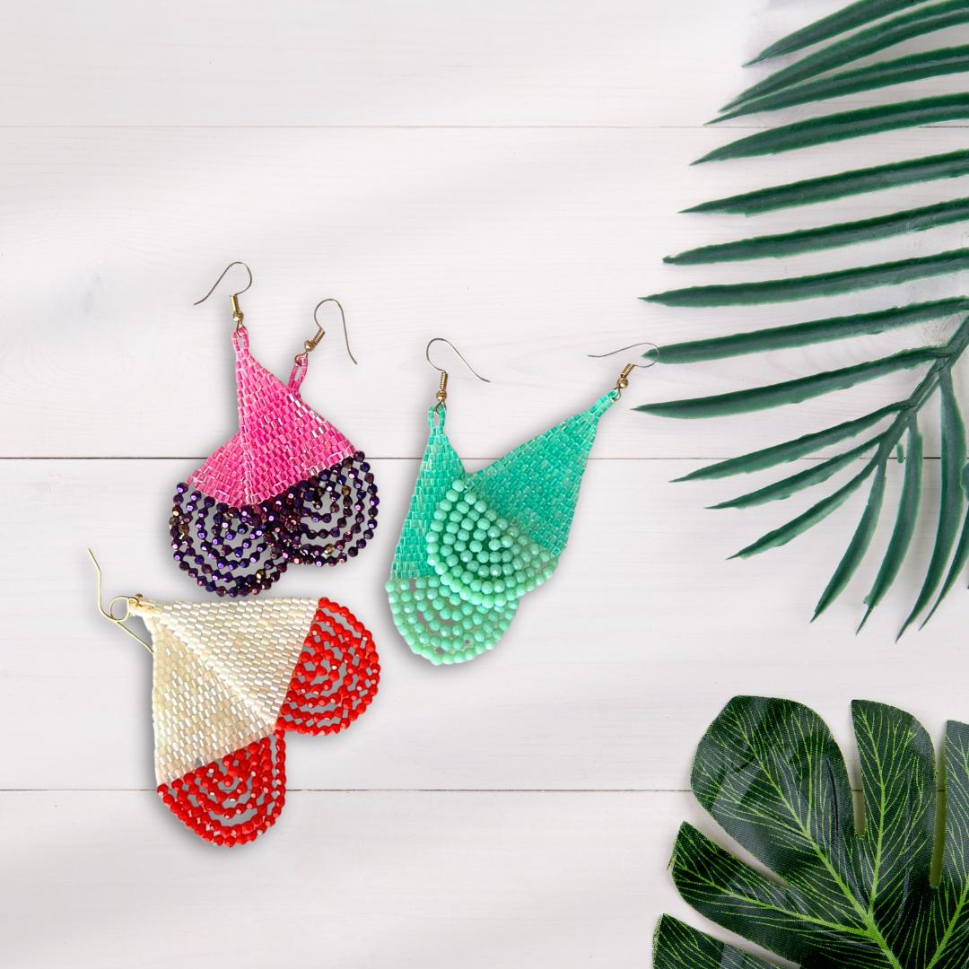 Coral & White Beaded Teardrop Earrings: Handwoven Japanese Seed Beads - jewelry gifts