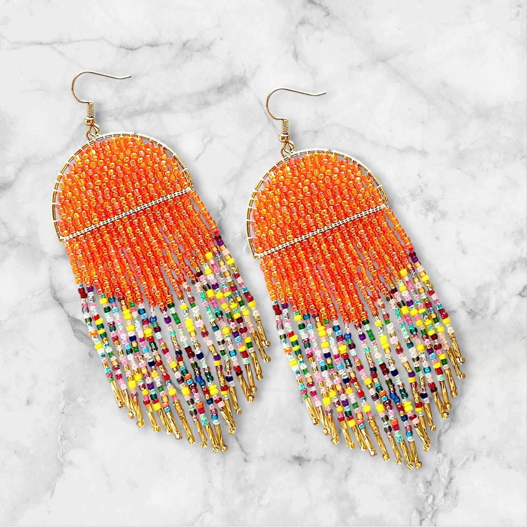 Orange Seed Bead Fringe Earrings: Boho Gold Accent Statement Jewelry Gifts for her