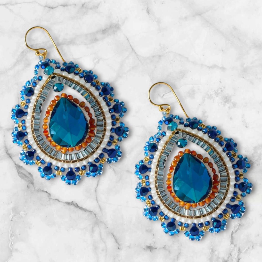 Emerald Blue Teardrop Earrings: Beaded Lace Dangles - jewelry gifts for her