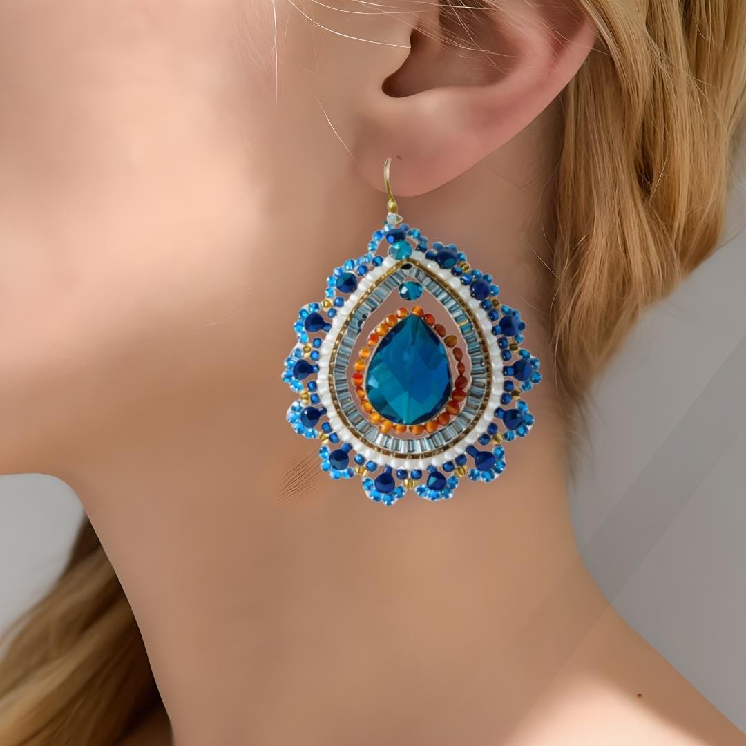 Emerald Blue Teardrop Earrings: Beaded Lace Dangles - jewelry gifts for her
