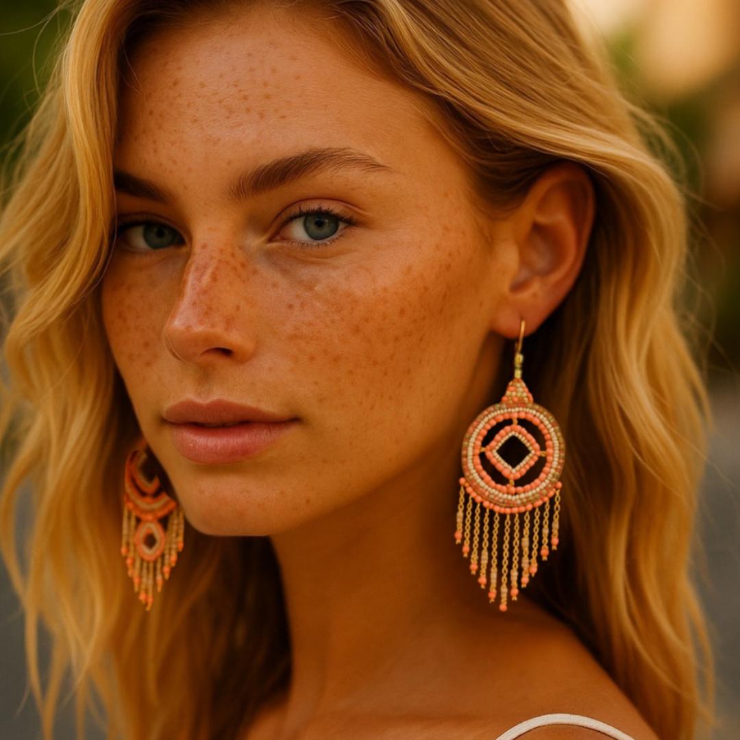Lightweight coral beaded earrings, perfect for weddings and festive outfits.