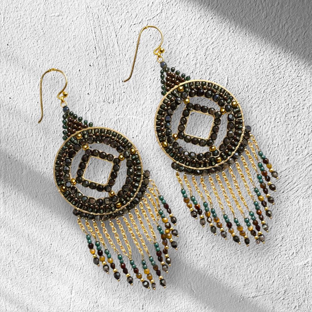 Black Beaded Evening Earrings: Gold-Plated Fringe, Art Deco Style