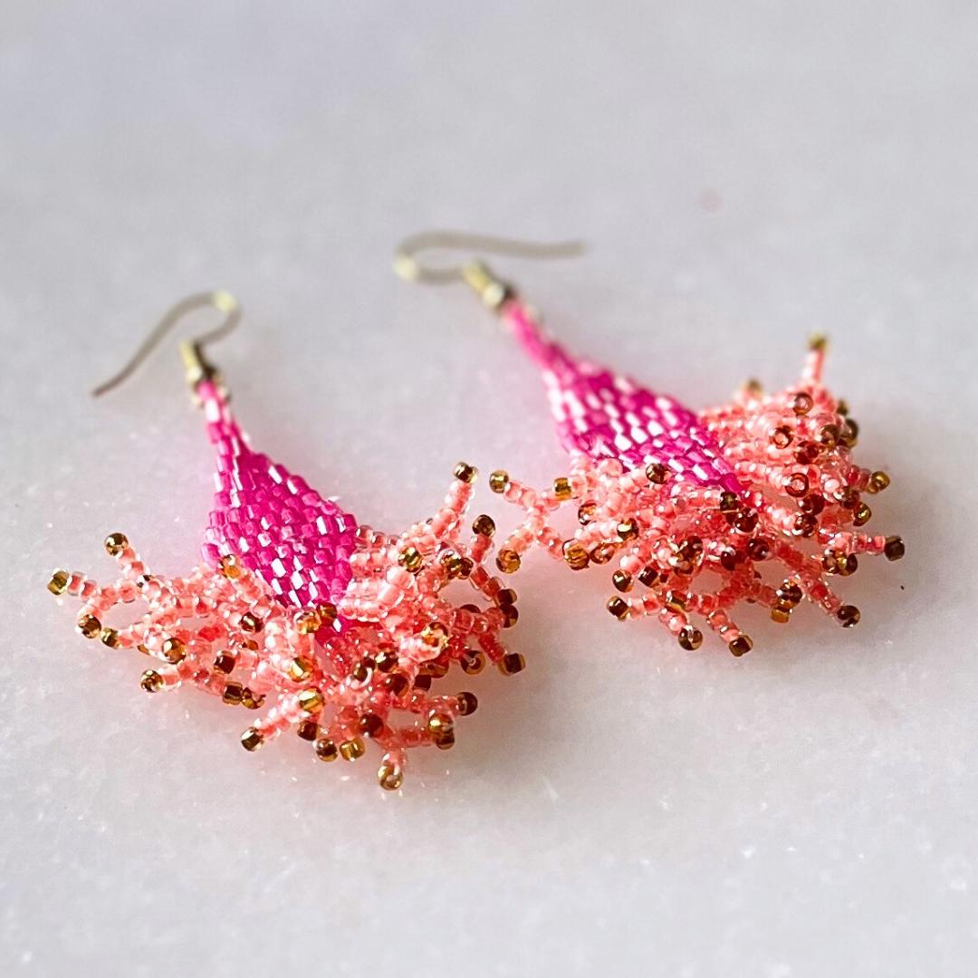 Iridescent Seed Bead Dangle Earrings: Pink Apricot & Gold Jewelry gifts for her