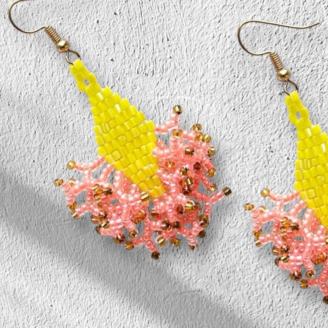 Iridescent Seed Bead Dangle Earrings: Yellow Apricot, Gold Highlights - jewelry gifts for her
