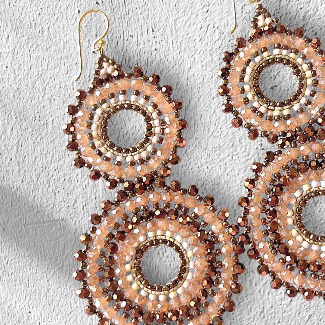 Beaded Crystal Statement Earrings | Handmade Boho Jewelry gifts for her in Bronze and Blush