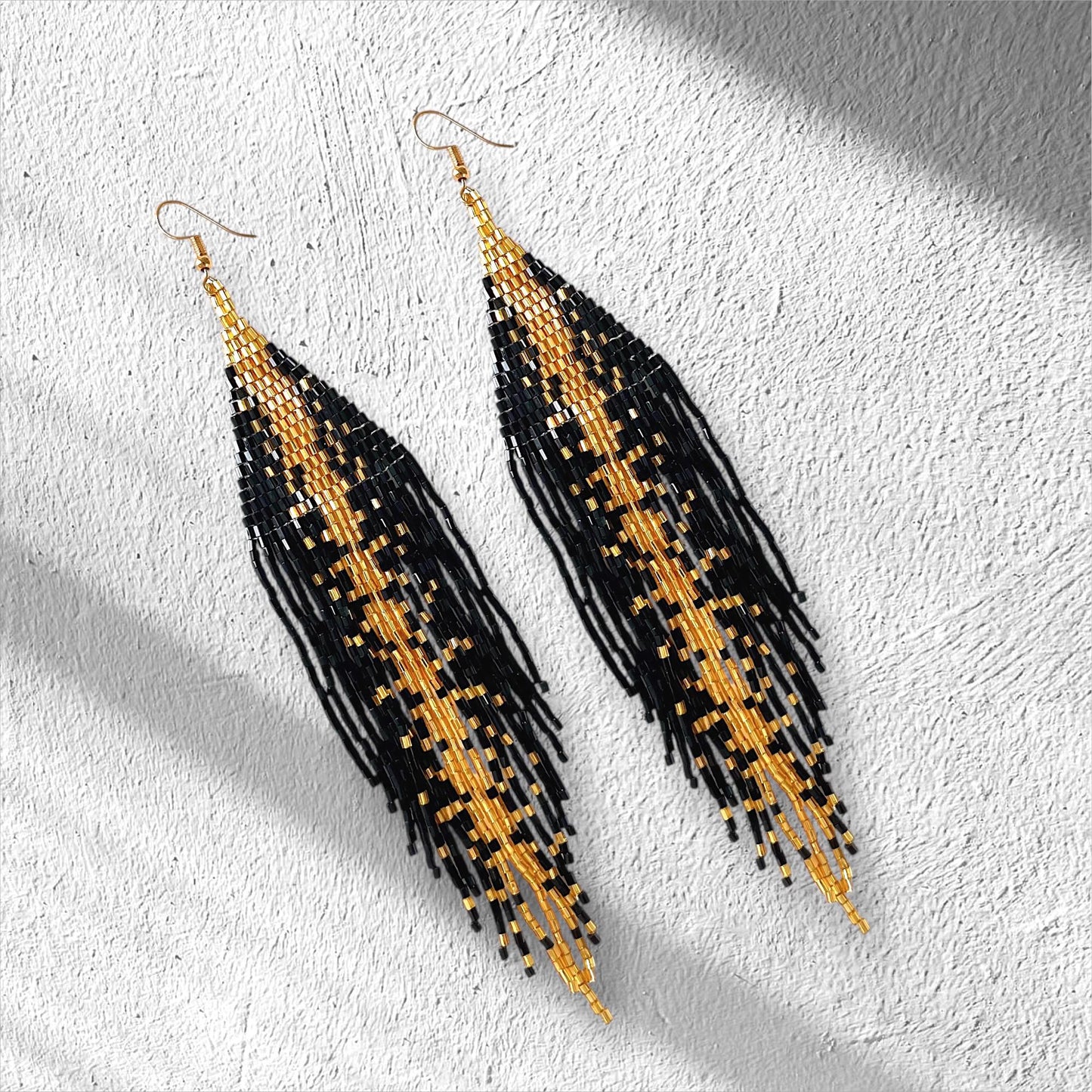 Black and Gold Beaded Fringe Earrings: Handmade Holiday Statement Jewelry gifts for her