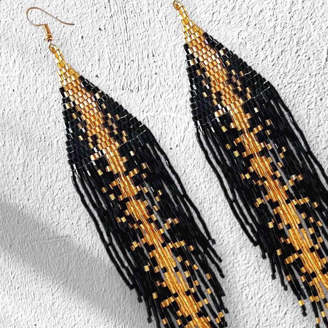 Black and Gold Beaded Fringe Earrings: Handmade Holiday Statement Jewelry gifts for her