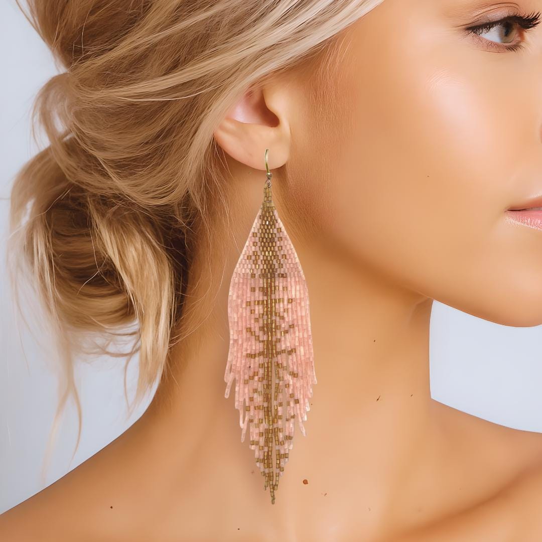 Handmade Pastel Apricot Seed Bead Fringe Earrings – Metallic Gold Accents, Boho Statement Jewelry