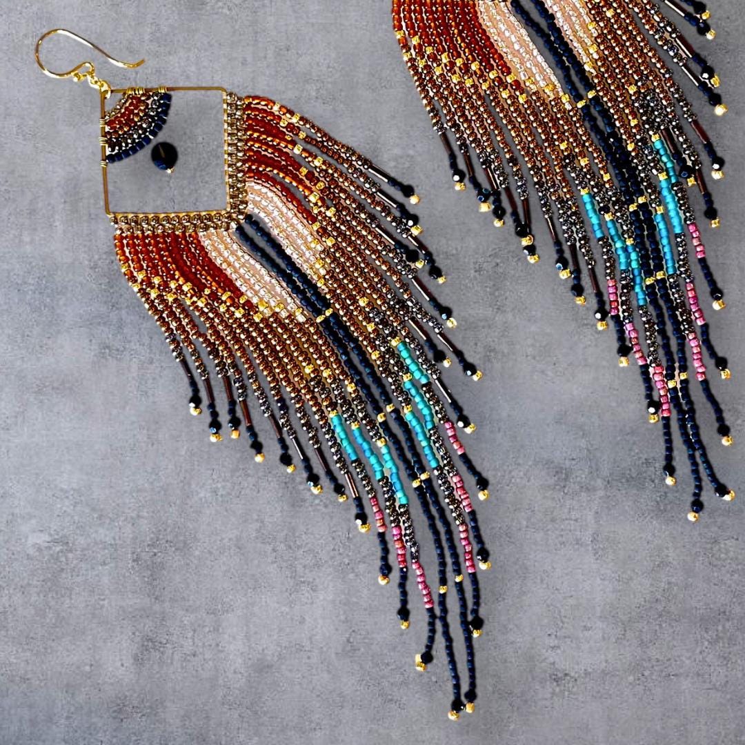 Close up of black seed bead earrings showing detail