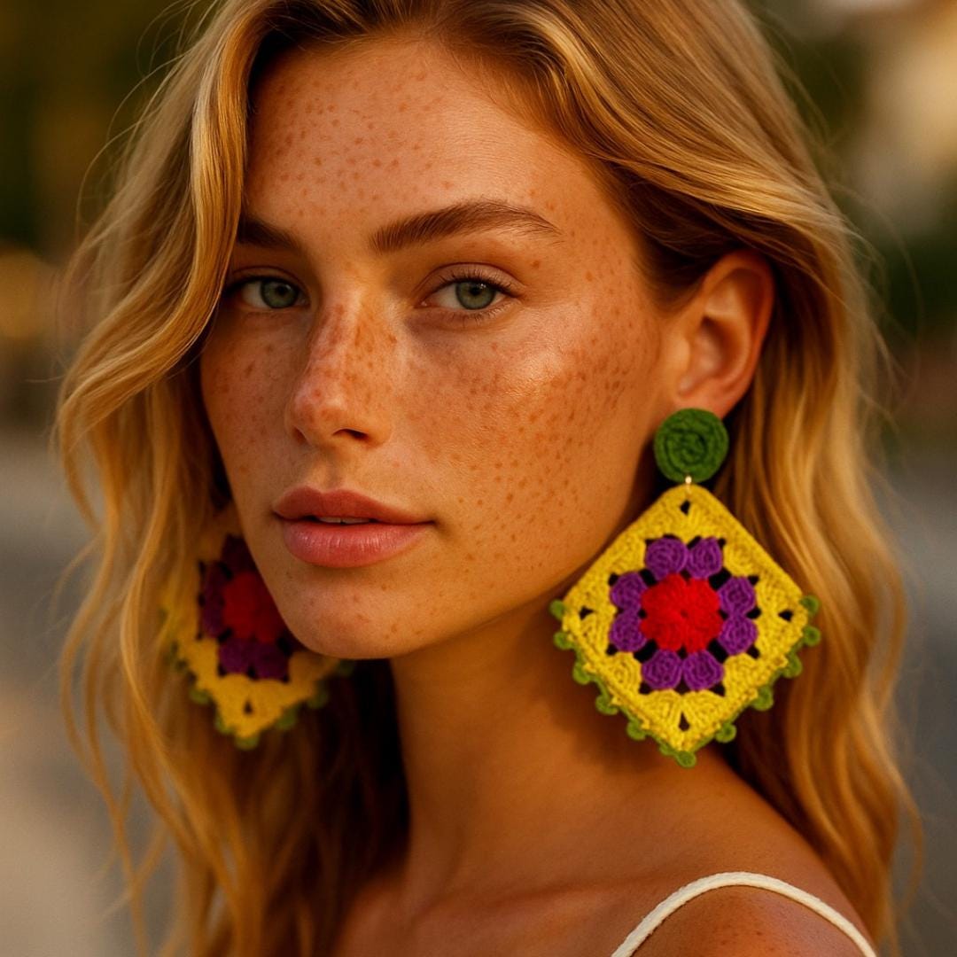 Granny Square Crochet Earrings: Boho Festival Statement Dangles - Jewelry gift for her