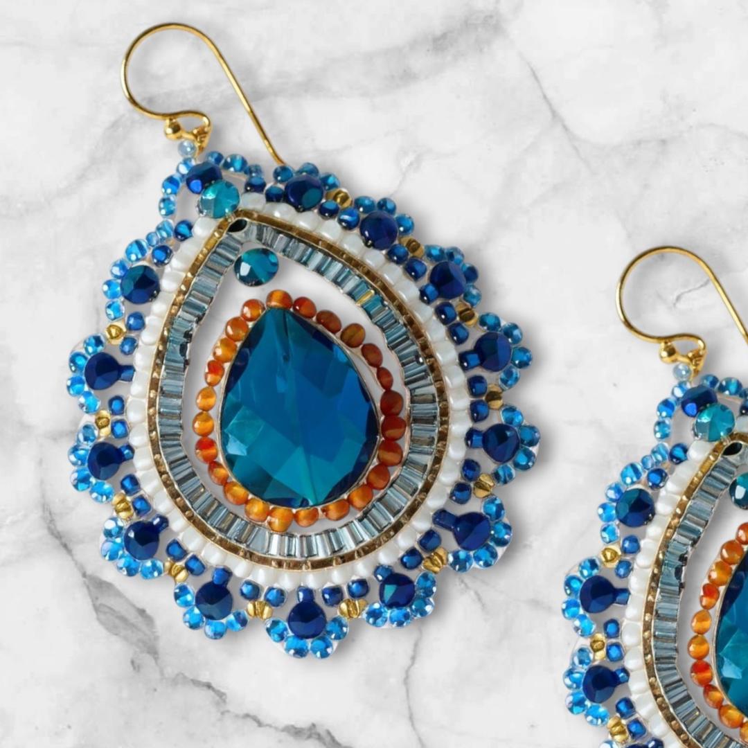 Emerald Blue Teardrop Earrings: Beaded Lace Dangles - jewelry gifts for her