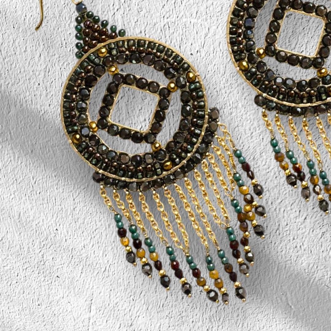 Black Beaded Evening Earrings: Gold-Plated Fringe, Art Deco Style