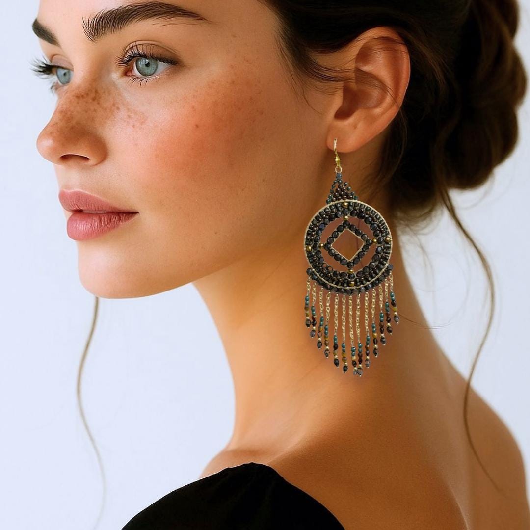 Black Beaded Evening Earrings: Gold-Plated Fringe, Art Deco Style