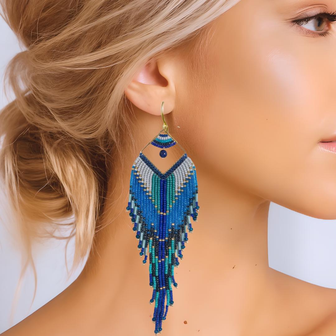 Handwoven Seed Bead Fringe Earrings – Turquoise Lapis Blue Statement Jewelry