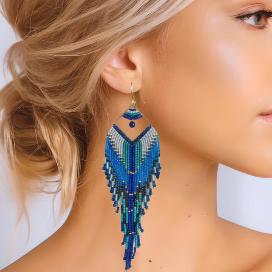 Handwoven Seed Bead Fringe Earrings – Turquoise Lapis Blue Statement Jewelry