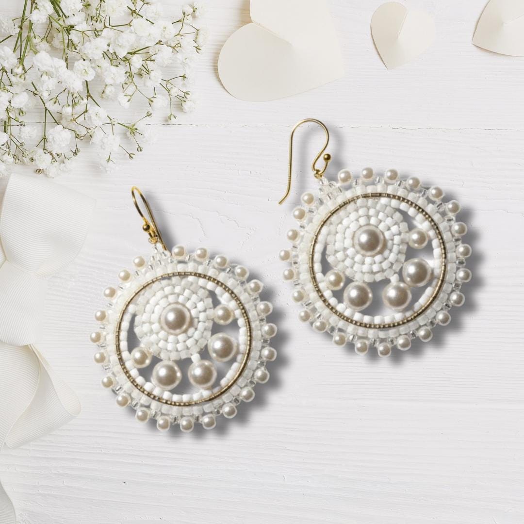 Handmade Pearl & Crystal Beaded Earrings – Ivory-Tone Wedding Jewelry gifts for her