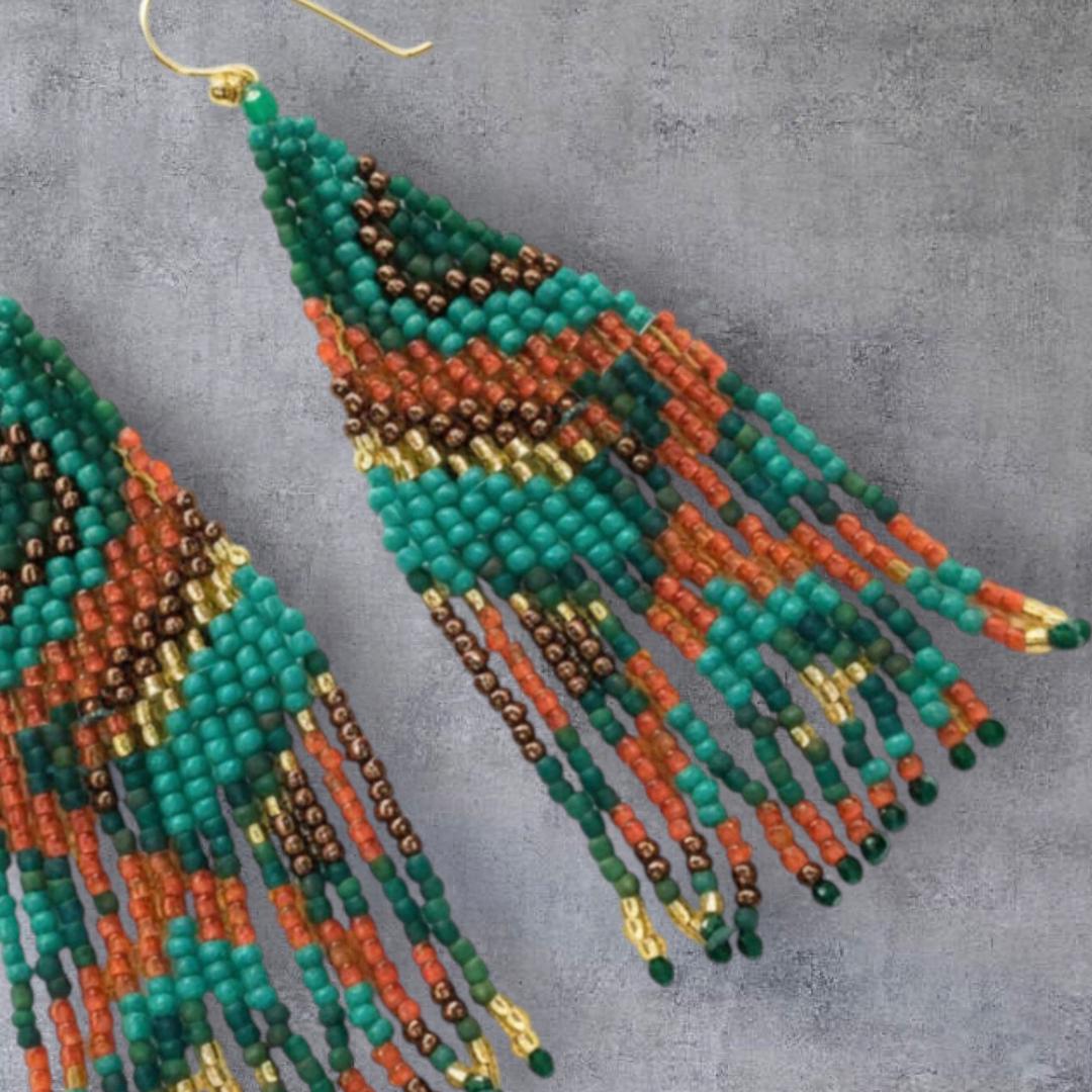Boho Beaded Fringe Earrings, Emerald Rust Gold Seed Bead Crystal Dangles - Jewelry gifts