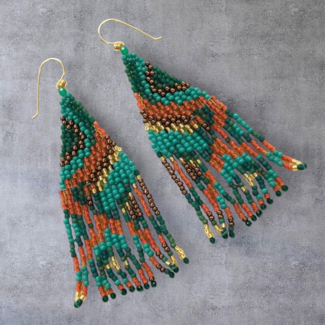 Boho Beaded Fringe Earrings, Emerald Rust Gold Seed Bead Crystal Dangles - Jewelry gifts