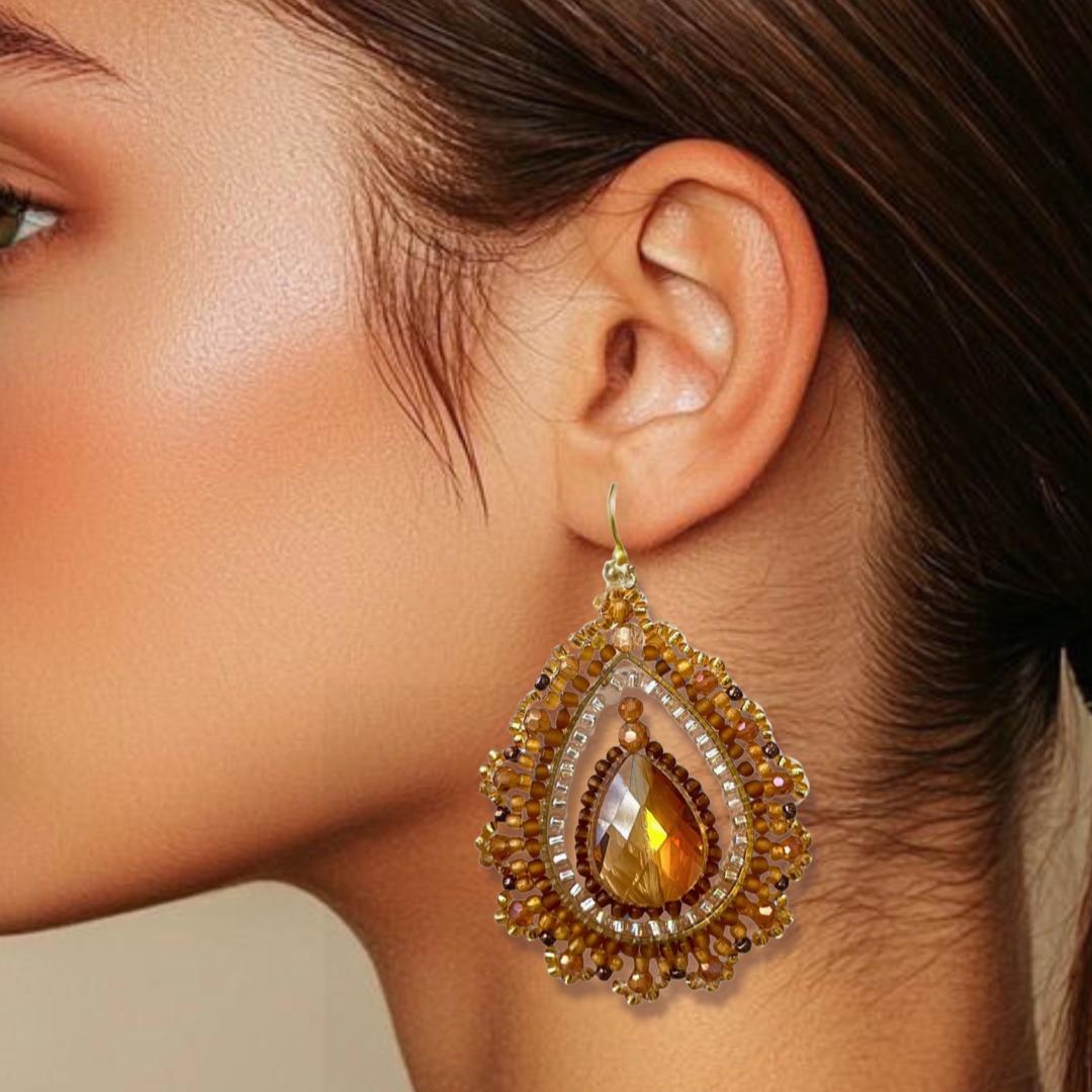 Hand beaded Gold Dangle Earrings, centre faceted crystal: crystal teardrop Jewelry gifts for her