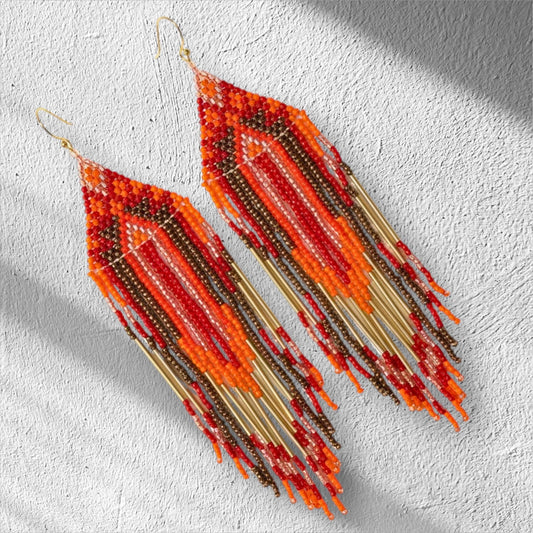 Beaded Fringed Earrings Handmade Red, Gold Art Deco Style Drop -  Unique and one of a kind, handmade by Saffron and Selene Boho Jewelry