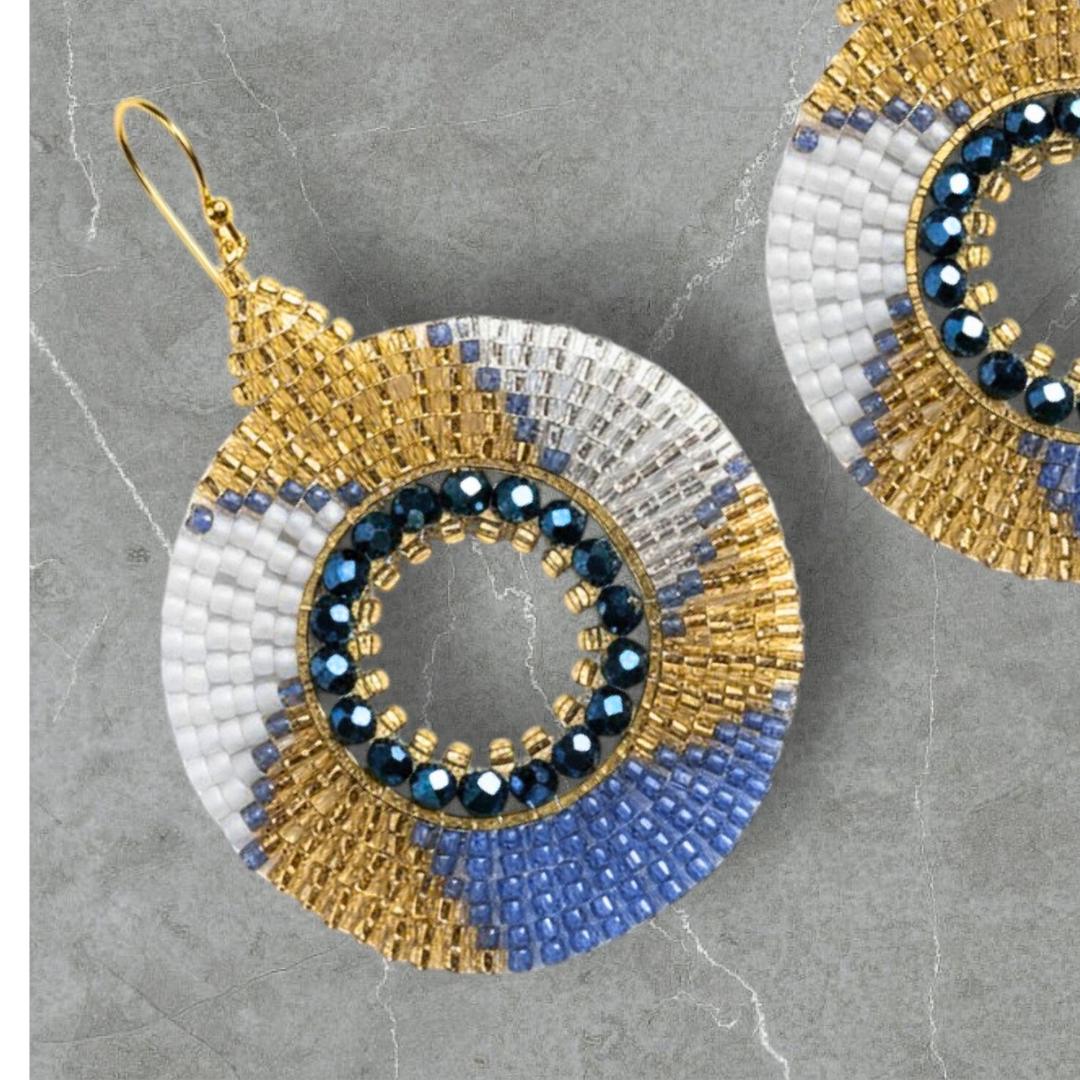 Gold & Blue Seed Bead Hoop Earrings: Boho Dangle, unique handmade Jewelry Gifts for Her