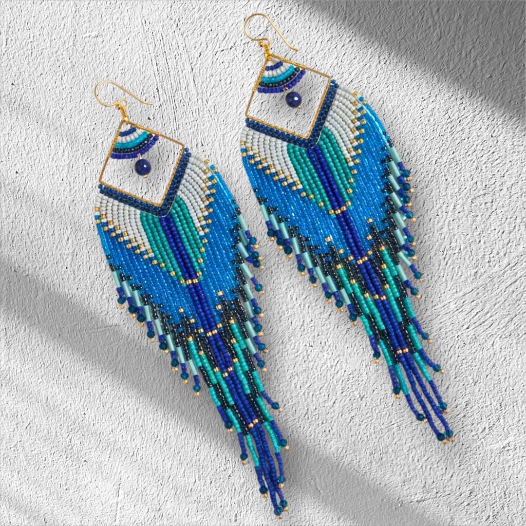 Beaded blue aztec dangle handmade earrings.  boho jewelry in turqoise and cobalt blue perfect for holiday jewelry gifting for her