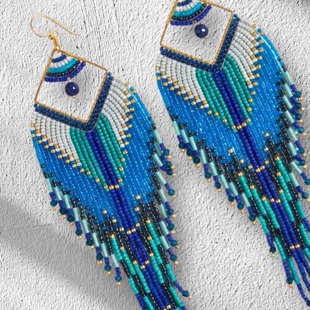 Hand Beaded Fringe Dangling Earrings: Japanese glass beads in Turquoise and Cobalt Blue, Bird Wing Feather, Long Bohemian style aztec Jewelry gifts for women