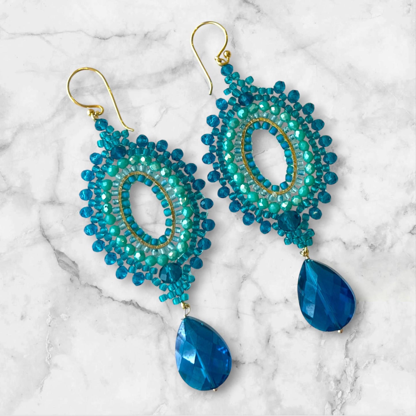 Turquoise Crystal Drop Earrings: Blue Seed Bead handmade Jewelry Gifts for her