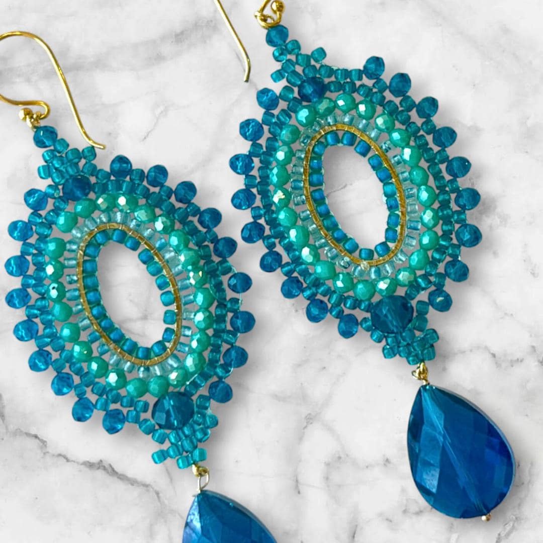 Blue and turquoise Crystal Drop Earrings: Turquoise Seed Bead handmade Jewelry Gifts for her. Great holiday or resort earrings