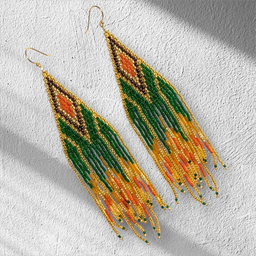 Handmade seed bead earrings in green and orange.  Hand beaded in an art deco design - perfect for Christmas parties and Christmas jewelry gifts for her.