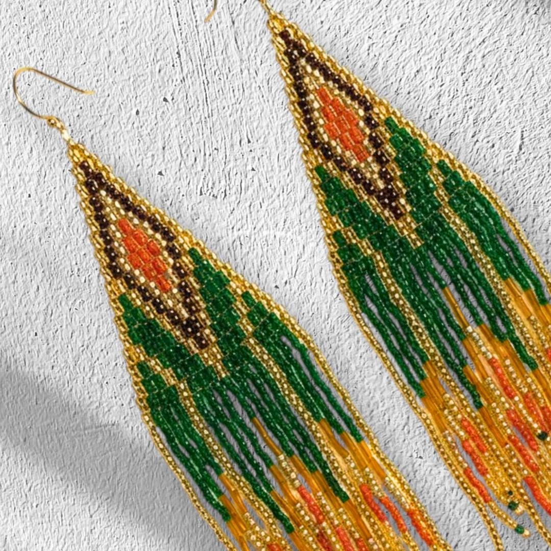 Jewelry Gifts for Women.  Art deco seed bead fringe earrings in green and gold, perfect for those looking for unique handmade christmas gifts