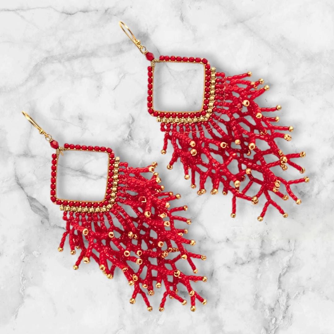 Red Beaded Dangle Earrings: Handmade Jewelry Gifts for her - japanese glass seed beads