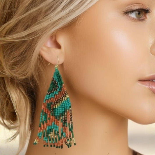 Boho Beaded Fringe Earrings, Emerald Rust Gold Seed Bead Crystal Dangles - Jewelry gifts