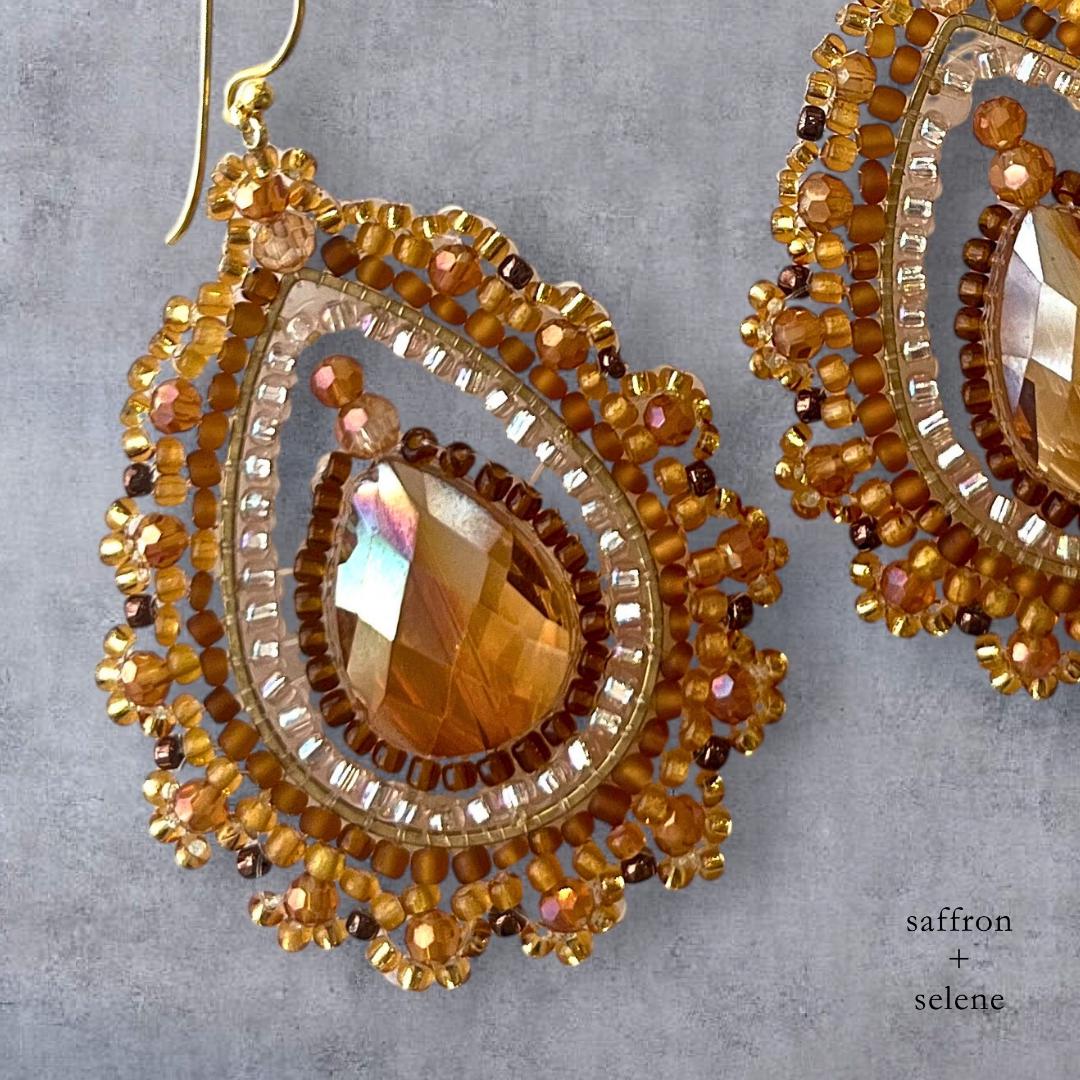 Hand beaded Gold Dangle Earrings, centre faceted crystal: crystal teardrop Jewelry gifts for her