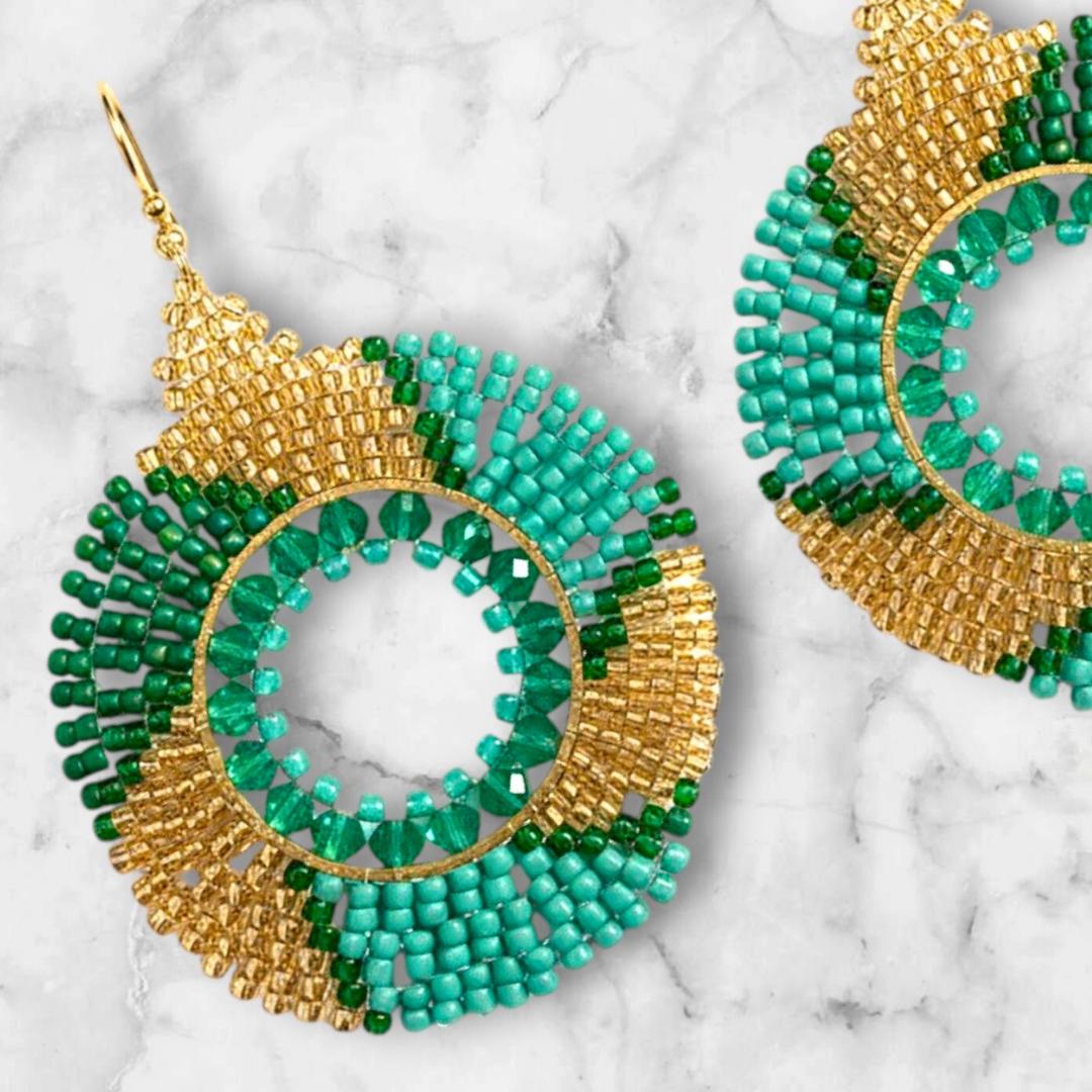 Gold & Green Seed Bead Earrings: Boho Dangle Jewelry Gifts for her